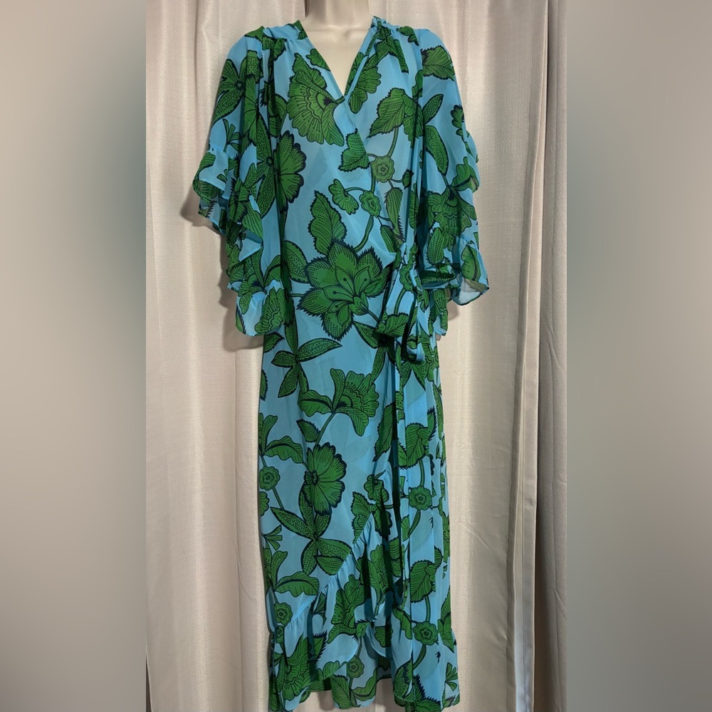 CAbi Green and Blue Asymmetrical Wrap Sundress